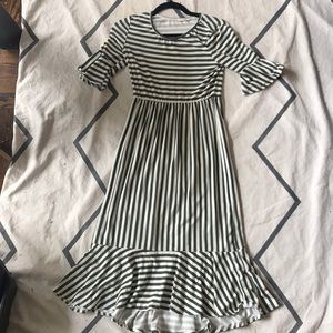 OLIVE GREEN STRIPED 3/4 flutter sleeve dress